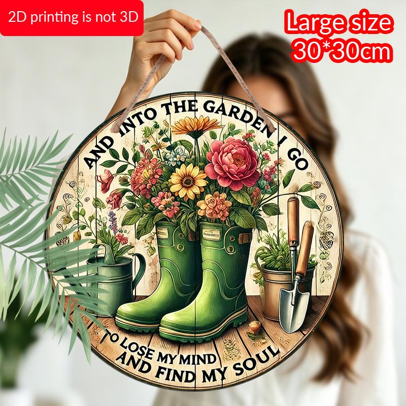 2D Flat, 1pc Round Aluminum Metal Wall Sign, Rustic Style "Welcome to My Garden" Wall Decor - A Product with Floral and Gardening Tool, Suitable for
