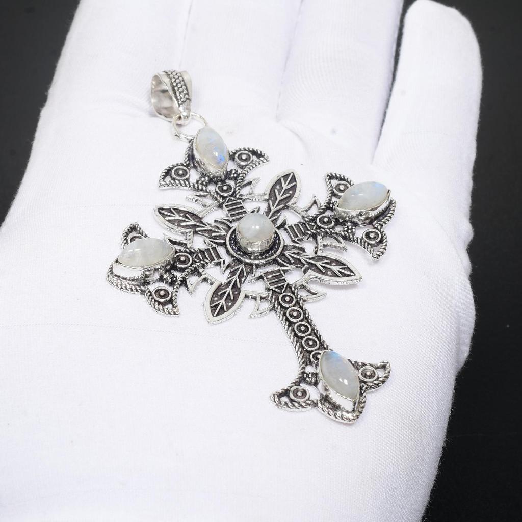 Mondstein Edelstein Handgefertigter 925 Sterling Silber Anhänger Natürlicher Mondstein Anhänger Kreuz Design Anhänger Mondstein Schmuck für Geschenke