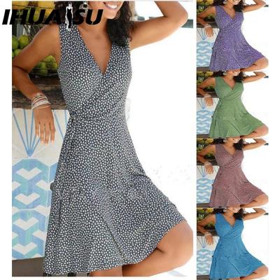 Kleid mit Polka-Punkt-Print Damen Ärmellos Bandage Strandkleid Sommer Böhmische Kleider für Damen Lässige V-Ausschnitt Kleider Damenrobe
