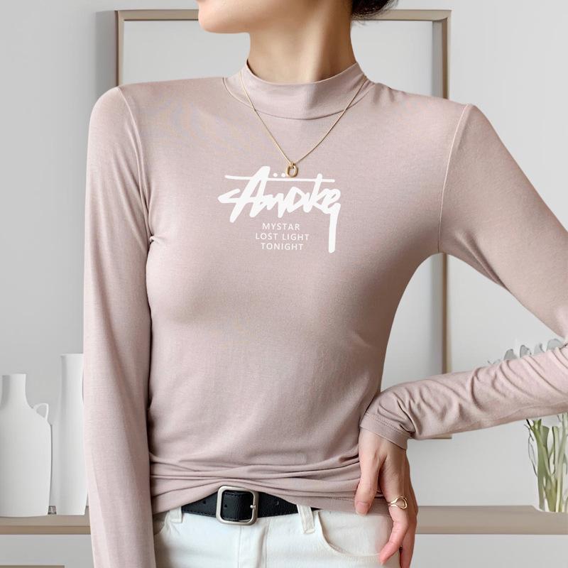 Women's Plus Size Modal Turtleneck Long Sleeve Shirt - Thin, Solid Color, Elastic Base Layer for Autumn/Winter