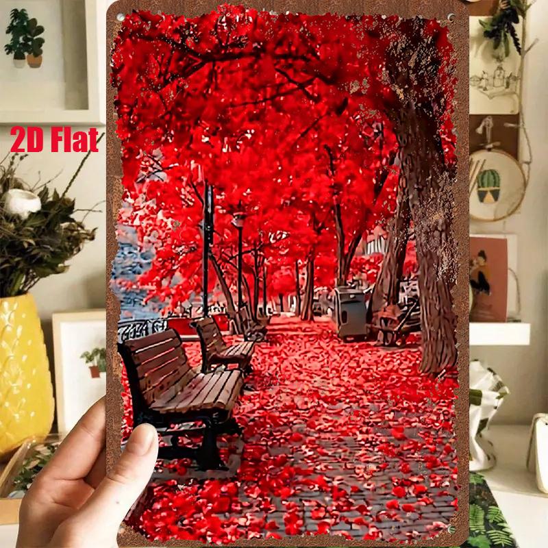 D Flat pc D Flat Metal Sign Autumn Leaves on a Bench XInXCm Depicts a Serene Scene of Autumn Leaves Covering a