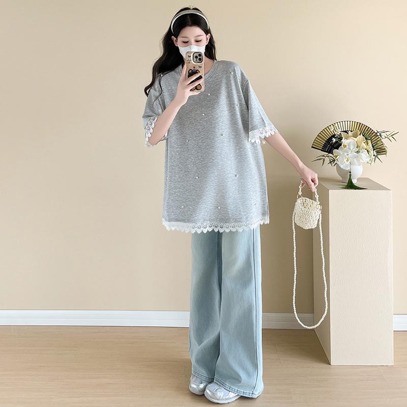 2026 Summer Design: Beaded Lace Trim Plus Size Maternity T-Shirt M