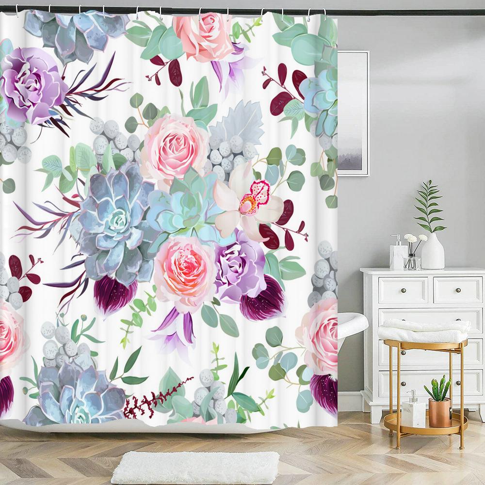 Beautiful Big Pink Flowers Printing Shower Curtain Polyester Waterproof Bathroom Curtain With Hook Door Curtain Home Decoration