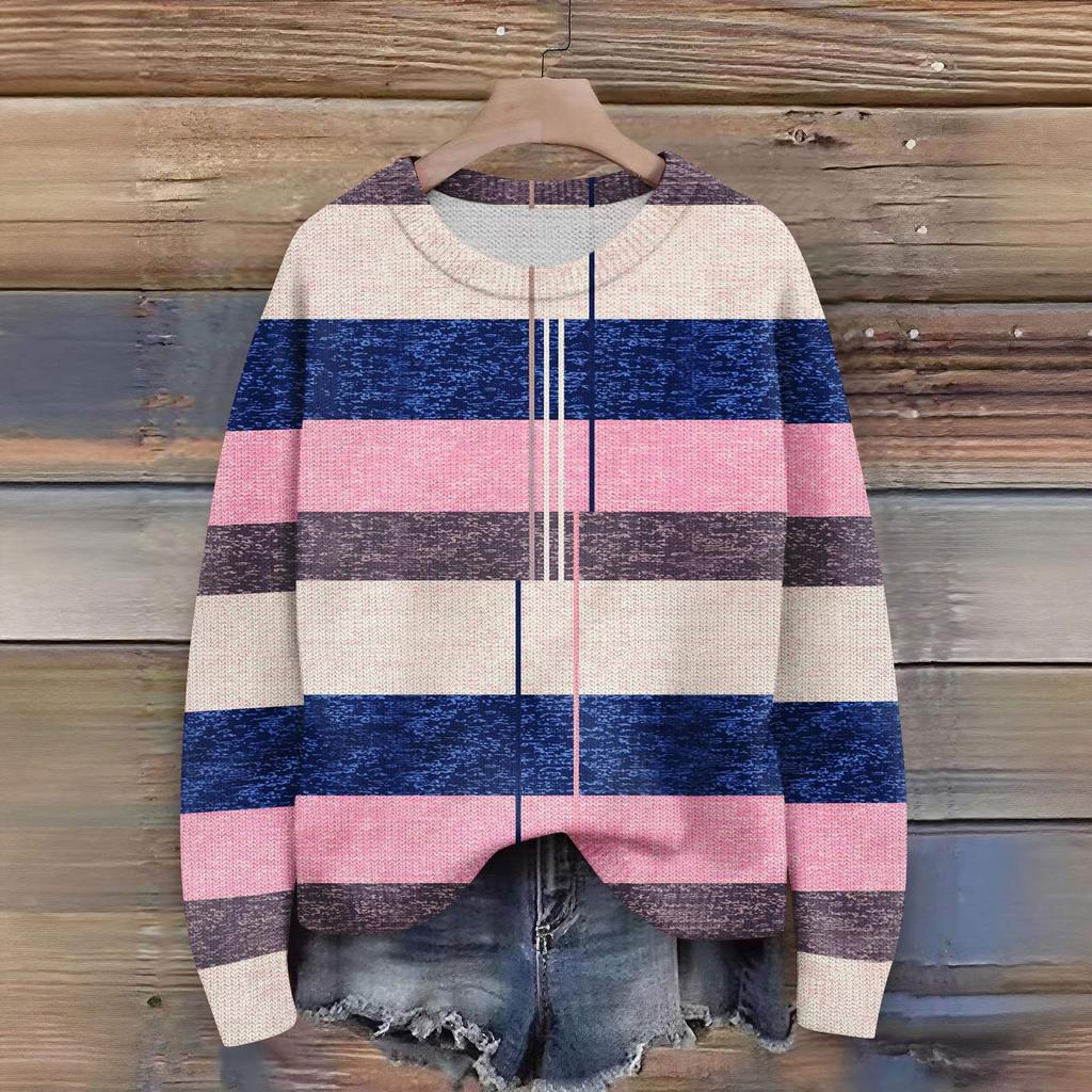 Long Sleeve Pullover Sweaters For Women O Neck Casual Cute Printing Knit Oversized Sweater