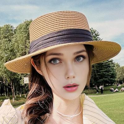 Flat Straw Hat Natural Straw Weaving Wide Brim Sun Hat Summer Beach Sun Protection Hat with Ribbon Bow