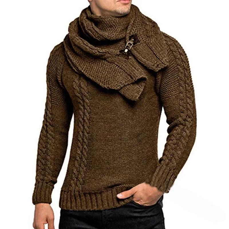 Winter Men's Fashionable Knitted Sweater with Detachable Scarf Twist Pure Color Casual Pullovers