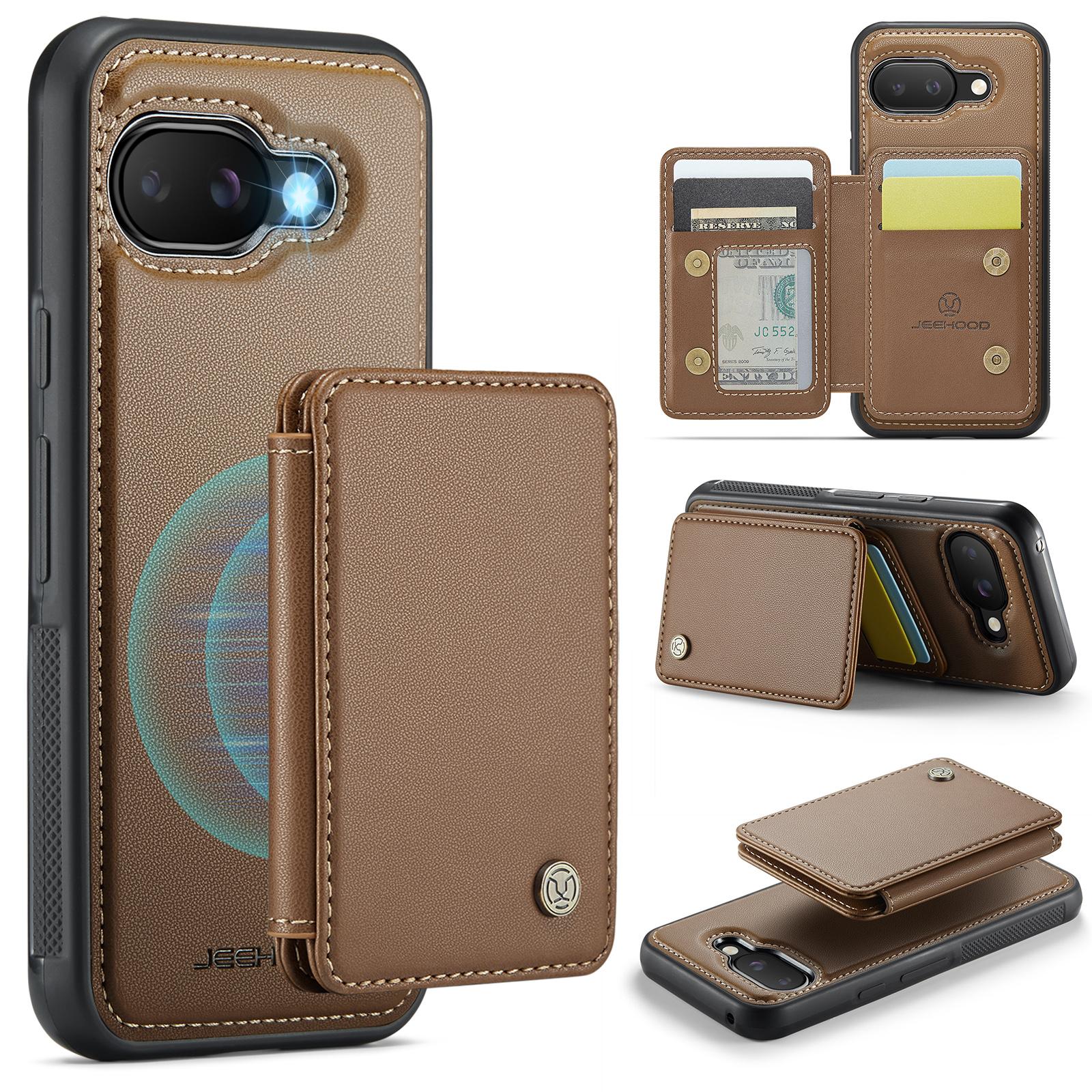 

For Google Pixel 9a Case JEEHOOD J05 Leather Mobile Cover with Detachable Magnetic Card Bag Brown