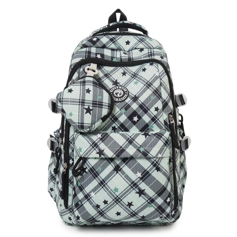 Large Capacity Plaid Backpack Women's Star Printed Student School Bag with Coin Purse