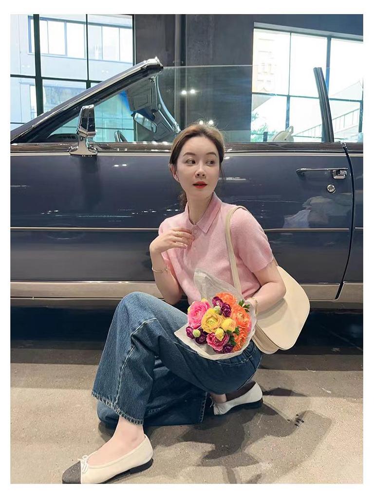 Korean Style Slimming Polo Collar Knit Shirt - Women's Casual Summer Pullover