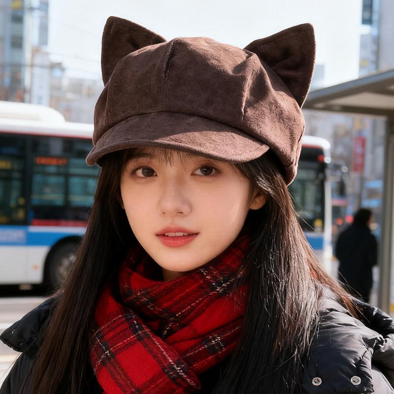 Autumn and Winter Suede Cat Ear Beret Women's Retro Face Showing Small Octagonal Hat Casual Versatile Trendy Painter Hat