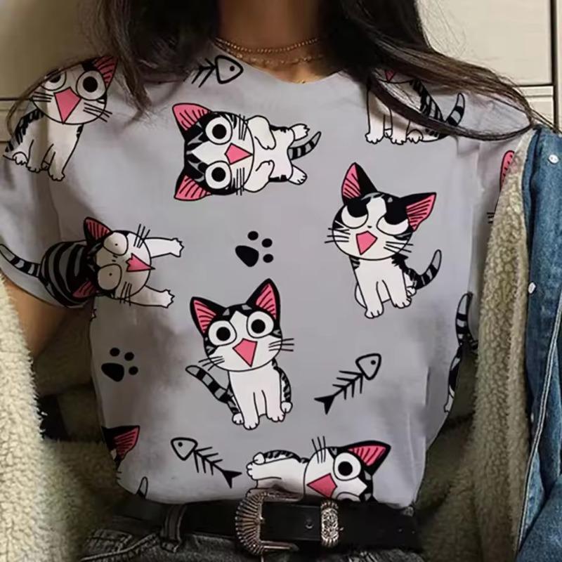 3D-tryckt söt djur-t-shirt för kvinnor roliga kattgrafiska t-shirts sommarmode överdimensionerade t-shirts kortärmade toppar med rund hals