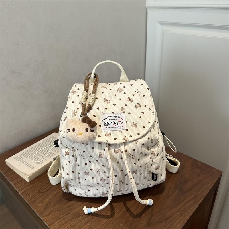 Corduroy Backpacks for Women Cute Student Bag Lightweight Drawstring Korean Style Simple Bookbag Casual Stylish Commuting Bag