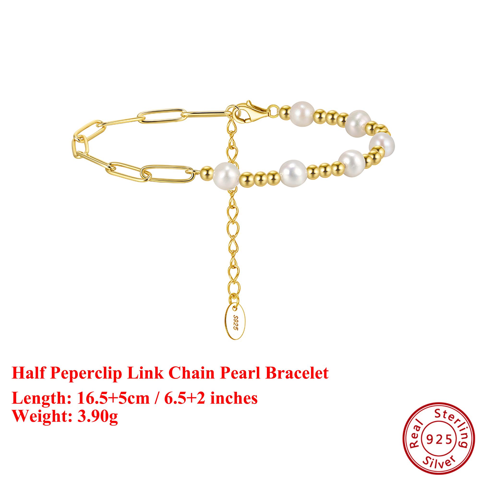 

EFFIE QUEEN 925 Solid Sterling Silver 14k Gold Paperclip Link Chain Pearl Bracelet Natural Jewelry for Women Wedding Party GPB48