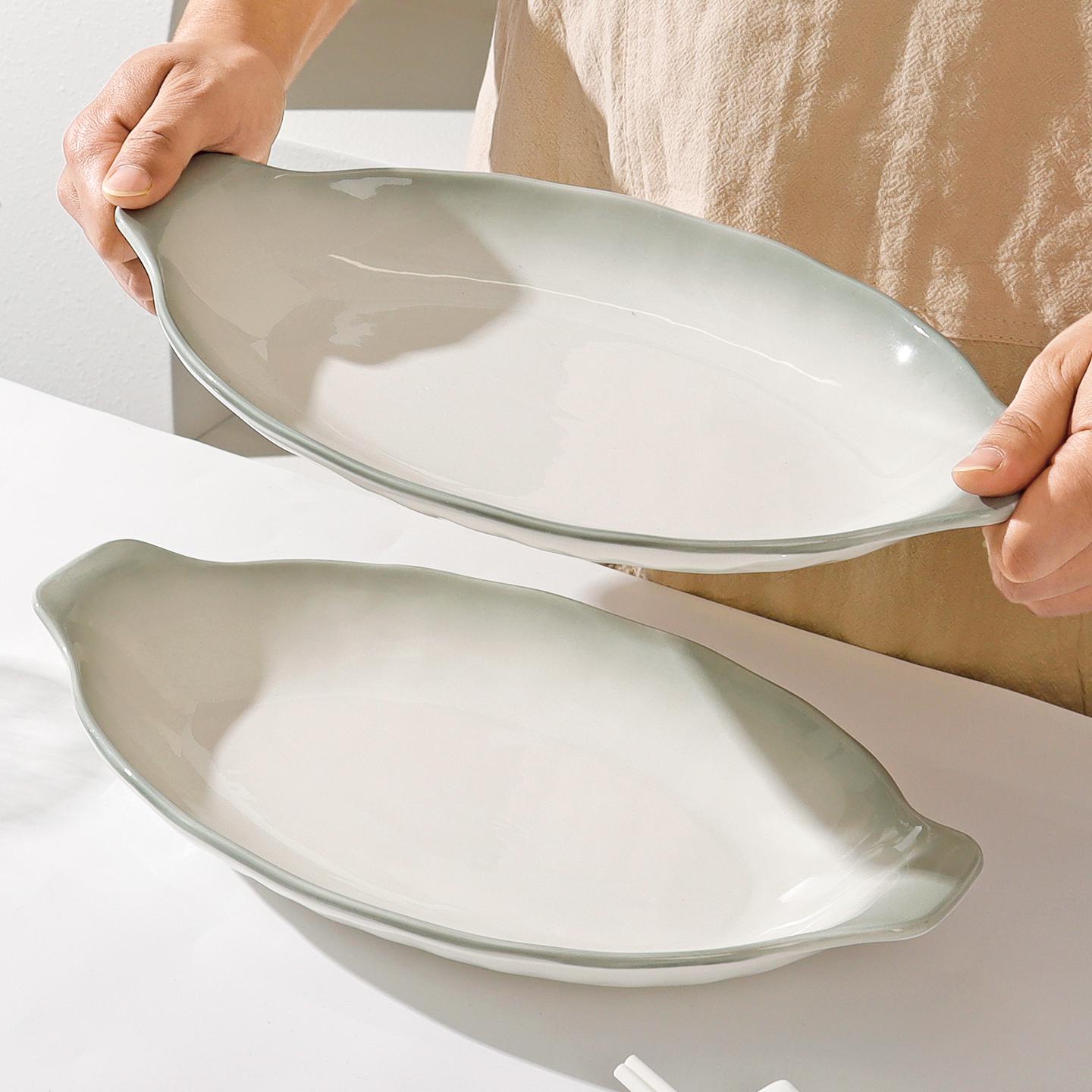 Smoky Rain Double-Ear Ceramic Large Fish Dish - High-End Steamed Fish Plate (2025) Smoky Rain 12-inch Double-Ear Fish Plate Single