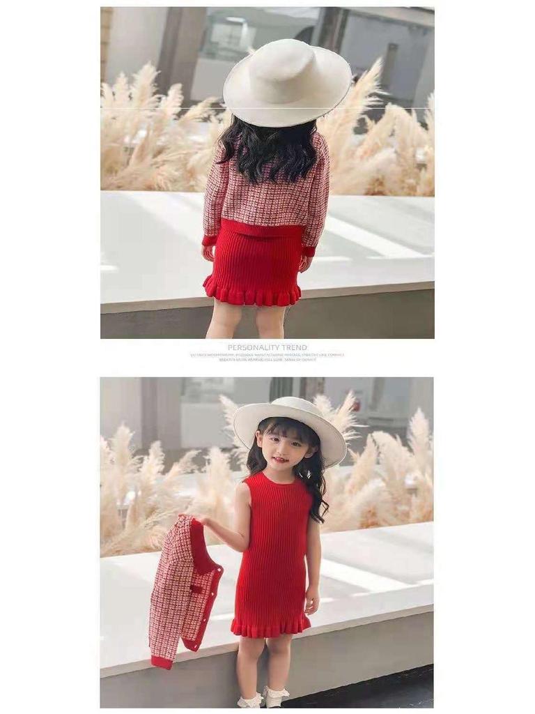 Modischer zweiteiliger Strickpullover- und Rock-Set für Mädchen, Herbst/Winter 2022