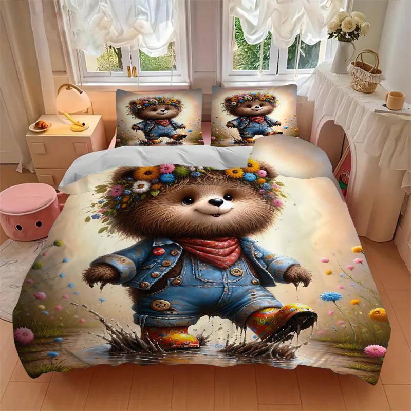 3pcs Anime Bear Floral Crown Bedding Set - Includes One Quilt Cover and Two Pillowcases (No Core) - Home Decor, Festival Gift, Polyester Fab