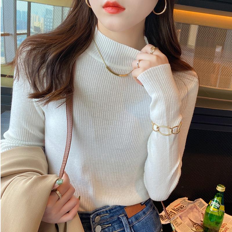 Fashion Solid Half High Neck Knitted Sweater Women Slim Fit Casual Elegant Pullover Sweaters Autumn and Winter Long Sleeve Knitwear Sweater Tops 24841