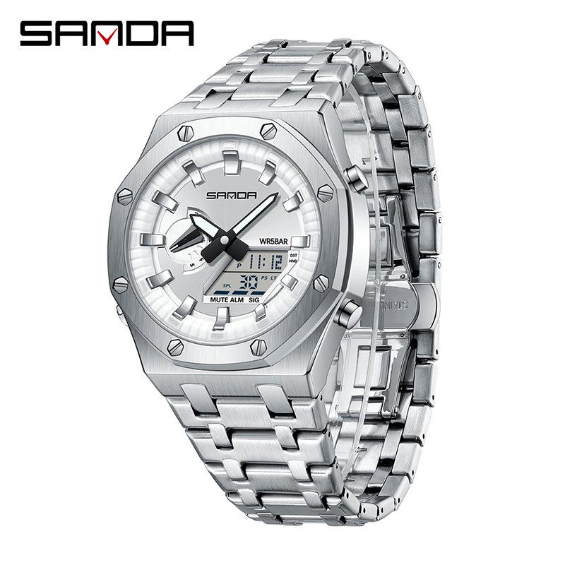 Sanda Men s Dual Display Quartz Watch: Steel, Backlight, Alarm, Multifunctional, Business Style.