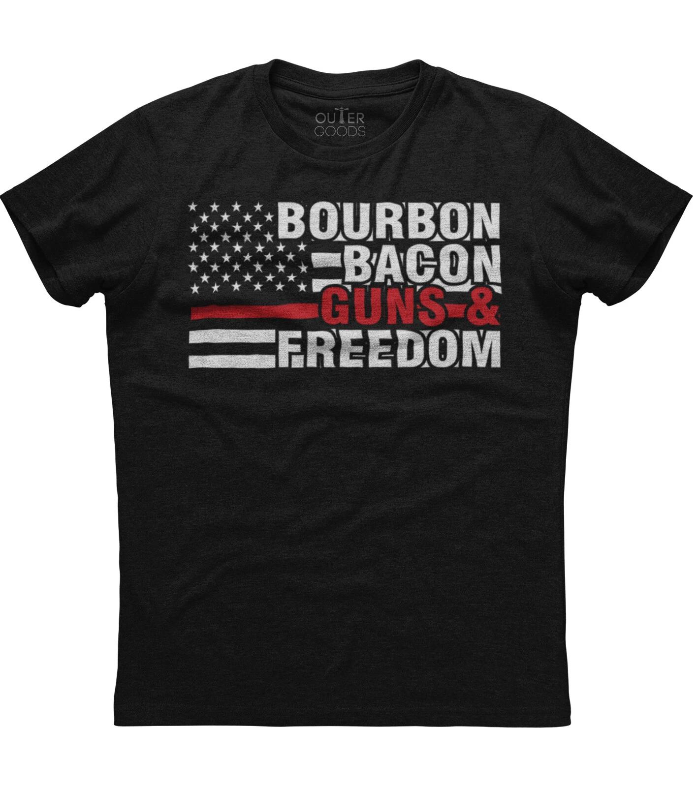 Bourbon Bacon Guns & Freedom Mens Short Sleeve New Cotton Black T-shirt 3XL
