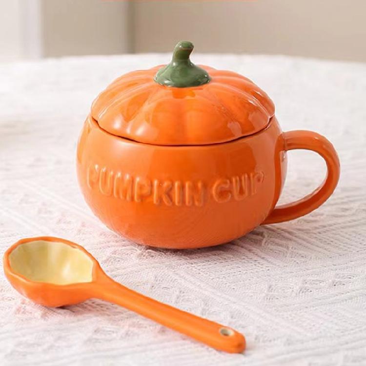 Ceramic Pumpkin Shape Mug With Lid Coffee Cup Halloween Dinnerware Perfect For Autumn Drink Decoration
