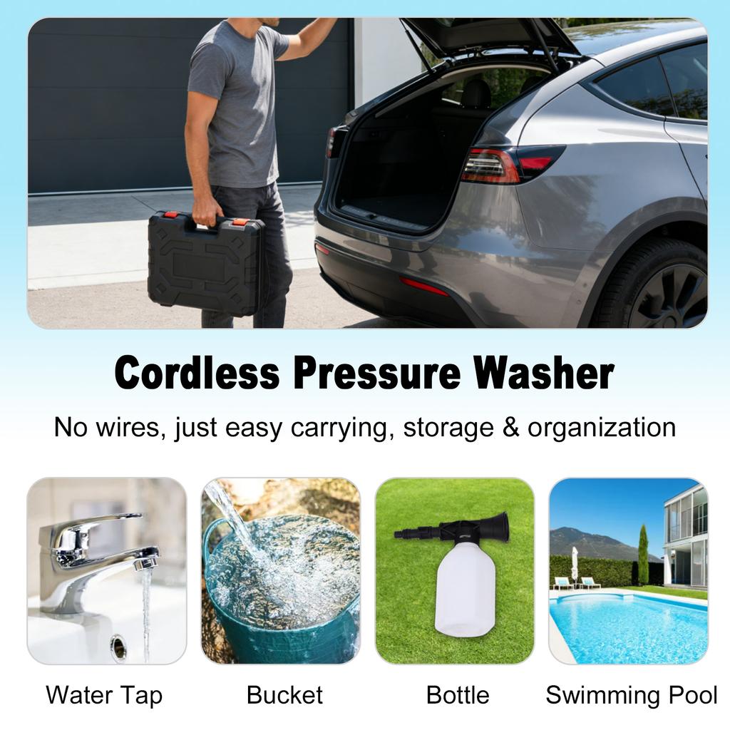 Cordless Pressure Washer, Portable Handheld Power Washer with 15000mAh Battery, 6 in 1 Nozzle, 16.4FT Hose, for Car