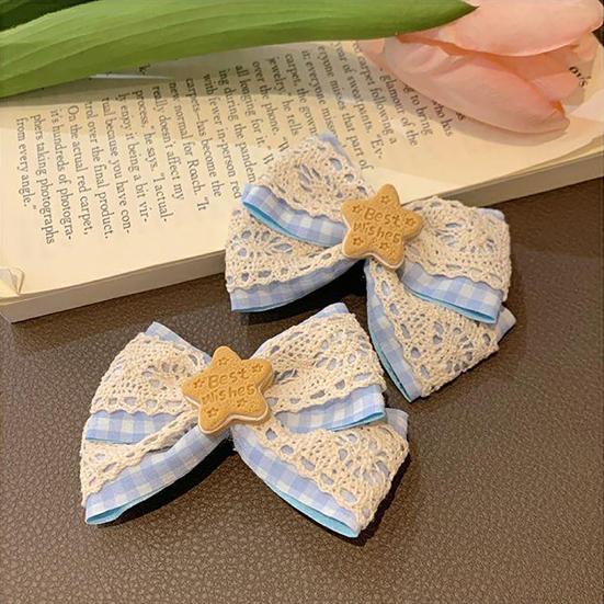 Girl Hairpin Hollow Lace Double-Layer Design Blue Plaid Wooden Star Decoration Hair Clip College Style Hair Accessory