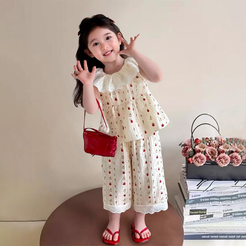 Girl Summer Sleeveless Outfit Set With Lace Trim For Ages 3 To 8