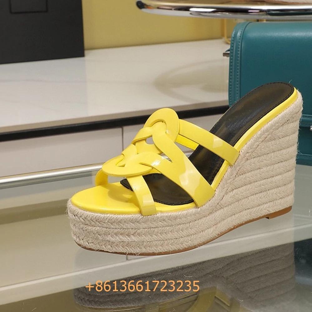 Fashion Corss Strap Patent Leather Platform Women Sandals Wedges Espadrilles Slip On Fashion Heels Open Toe 2025 Summer Newest Slides