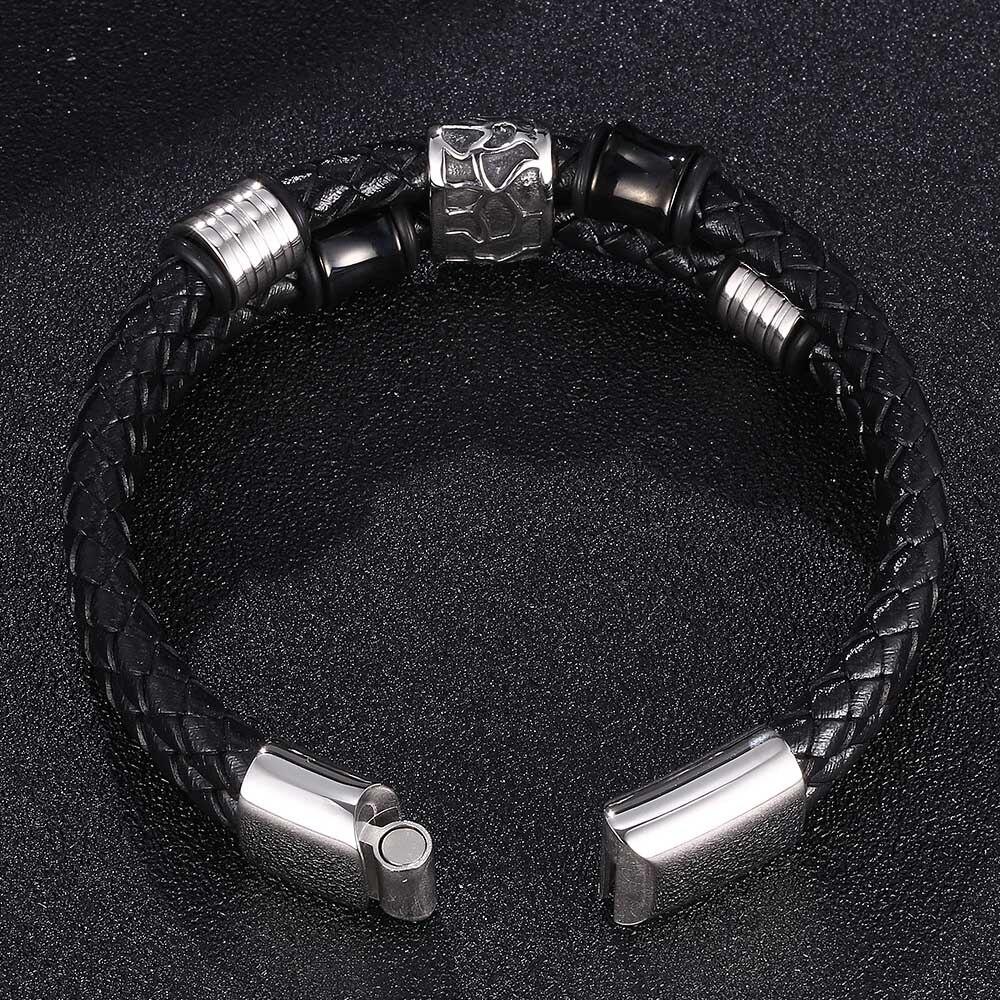 Geometrically Irregular Graphics Double Layers Stainless Steel Genuine Leather Bracelet Men Leather Bangle