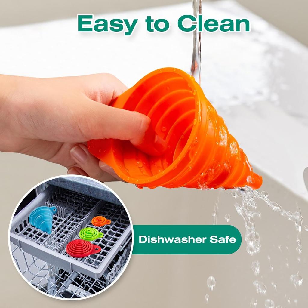 KALAVE Kitchen Funnel Set 6 Pack - Food Grade Silicone Collapsible Funnel, Funnels for Kitchen Use Filling Bottles, Daily Cooking, and Water or