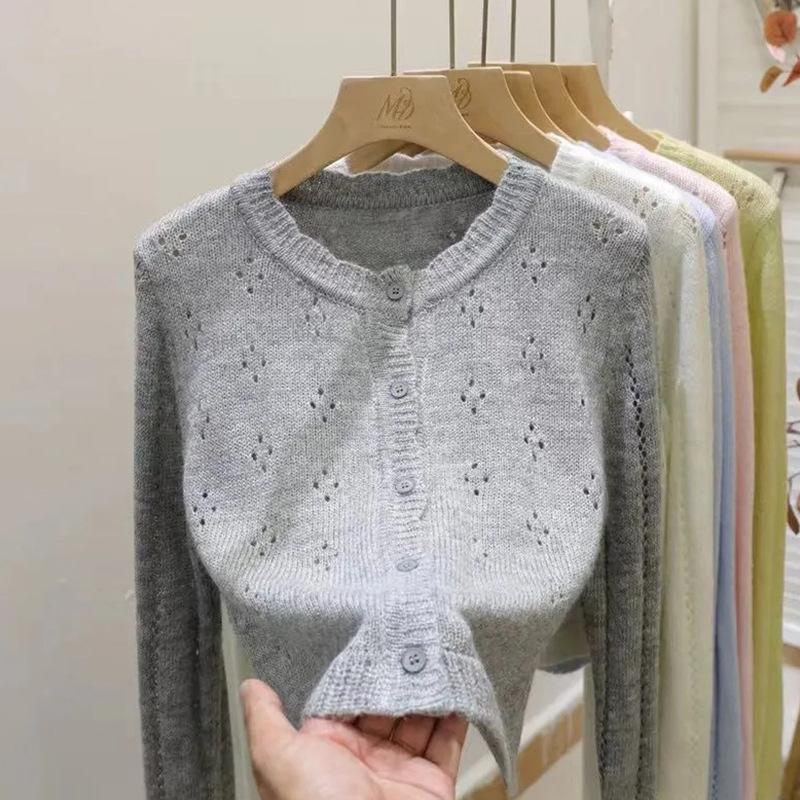 Design Sense Hollow Lace Knitted Cardigan for Women Retro Spring and Autumn Short Top