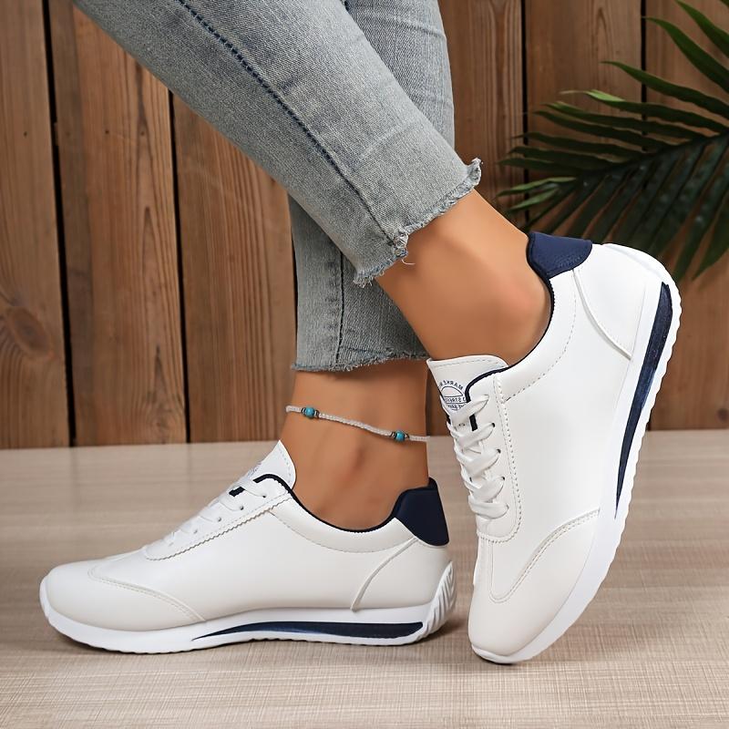 Women's Low-Top Sneakers Striped Sole White Sneakers Casual Outfits - Sporty Lace-Up Shoes with Fabric Upper Women Shoes