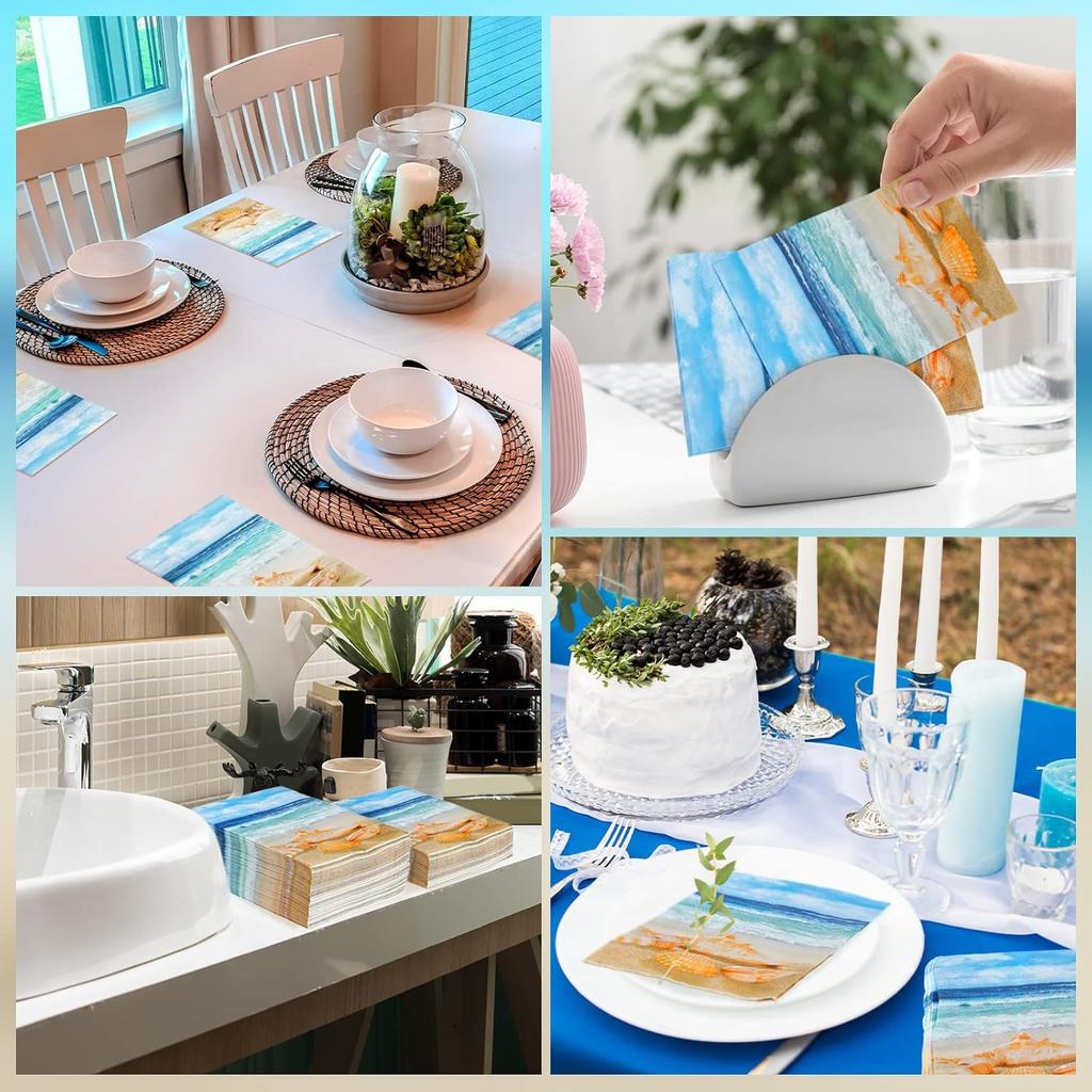 Crtiin 200 Pieces Nautical Beach Guest Napkins Bathroom Disposable Summer Tropical Ocean Coastal Towels Seashell Sea Beverage Paper Hand Napkins
