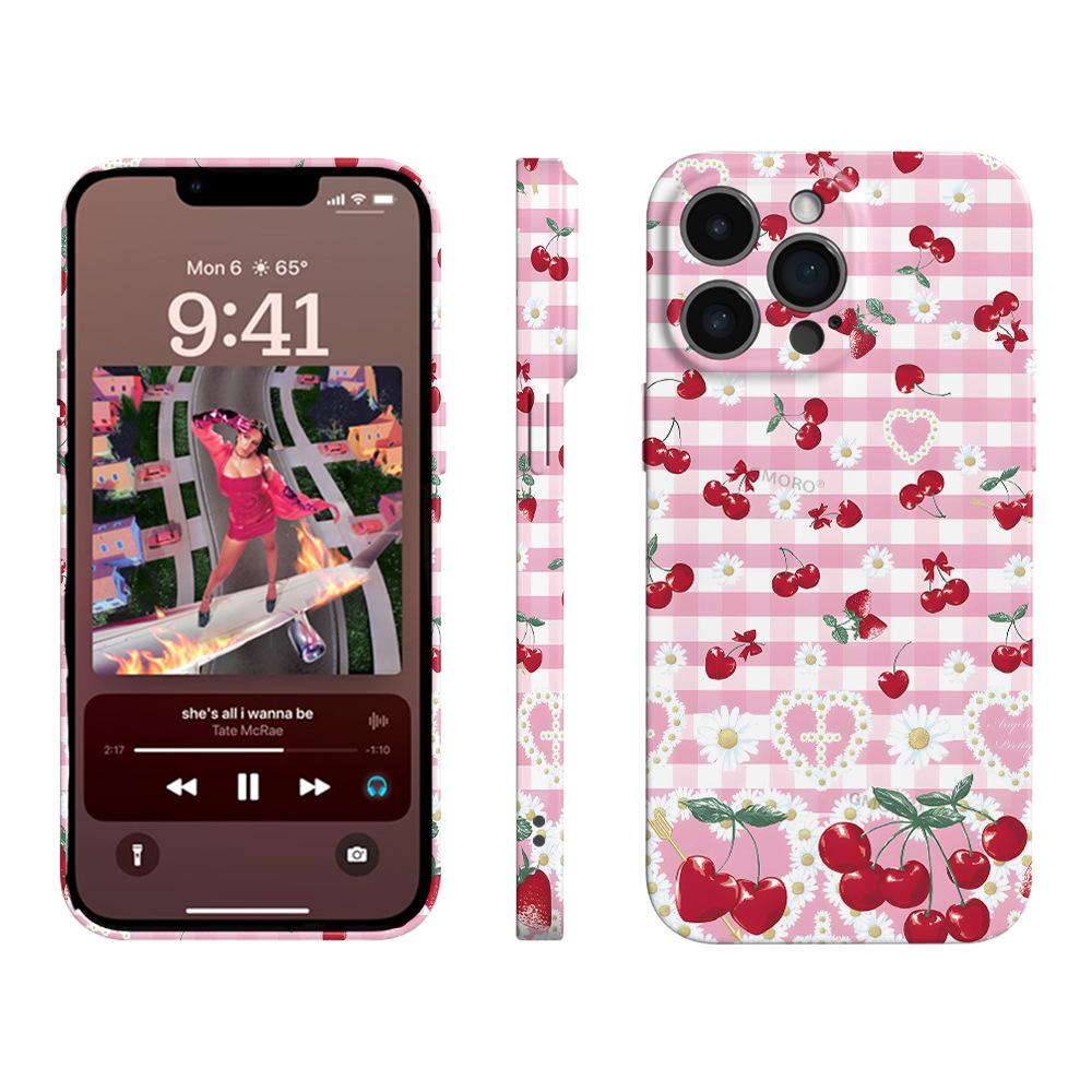 Korean Ins Sweet Girl Wind Pink Grid Cherry Mobile Phone Case Apple 17Pro Anti-drop All-inclusive Film Case iPhone14pm