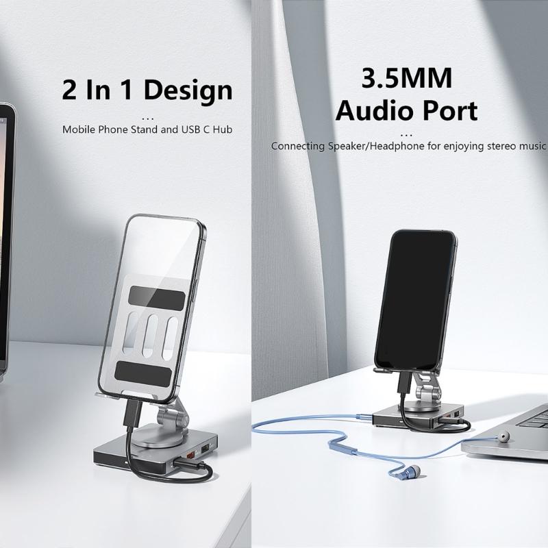 Rotating Aluminum Phone Hub 8 in 1 USB C Docking Station 5Gbps 100W PD Charging Foldable Stand for Multiple Devices