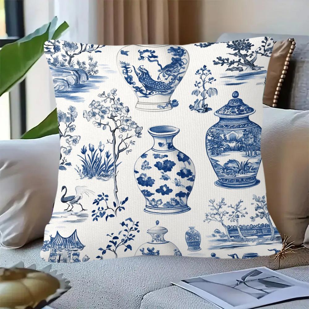 1pc Double-Sided Short Plush Decor Pillow Case Blue And White Chinoiserie Delftware Pottery Pattern Throw Pillow Covers Fashion Pillowcase Suitable fo