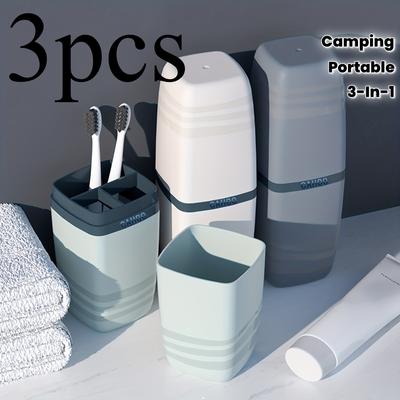 3 pièces Travel Mate Porte-brosse à dents portable 3-en-1 avec gobelet pour dentifrice et couvercle, étui à brosse à dents en plastique autoportant pour camping, voyages d'affaires
