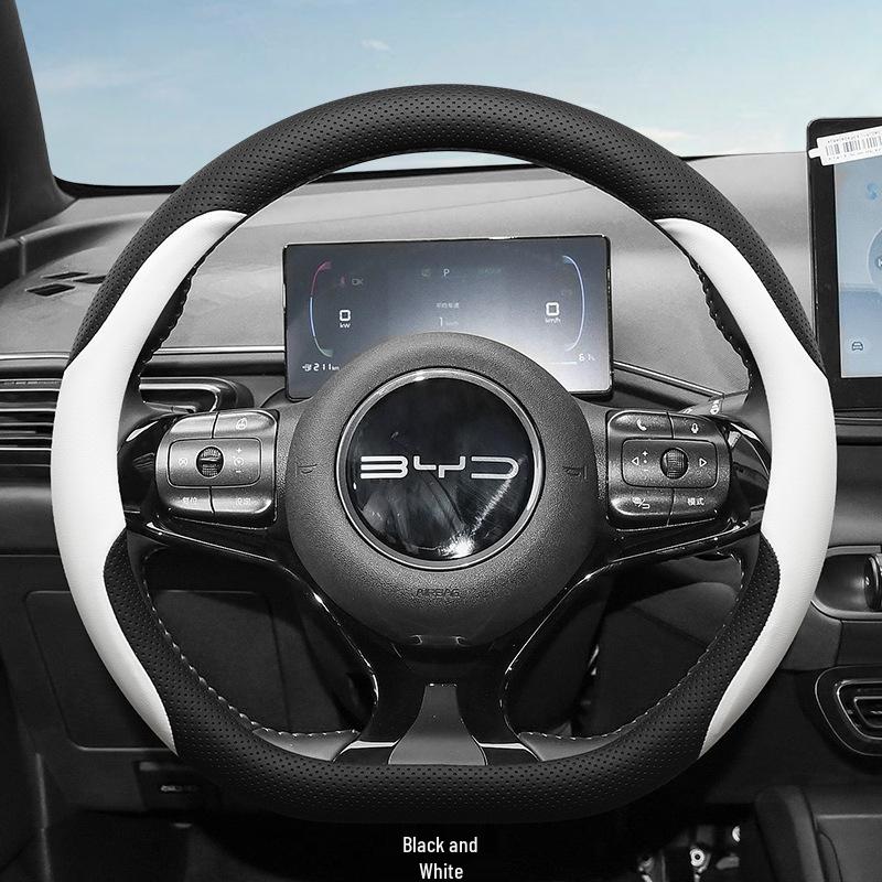 BYD Seagull/Dolphin Steering Wheel Cover: Ultra-Thin Genuine Leather, No-Sew Design for Car Interior, Women's Style.