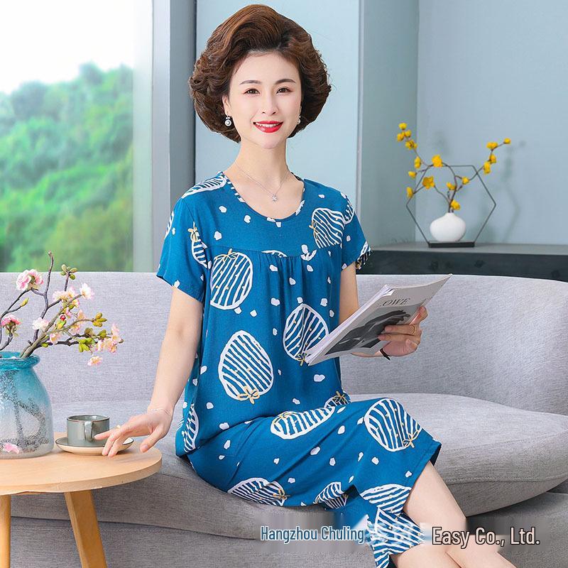 Women's Plus Size Summer Cotton Pajama Set for Middle-Aged & Elderly - Short-Sleeved Homewear Suitable for Outdoor Wear
