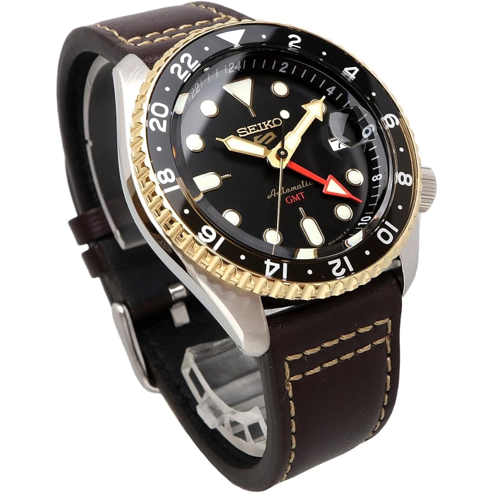 Seiko 5 Sports SKX Series GMT Automatic Mechanical Watch Black Brown Leather Men's Made in Japan