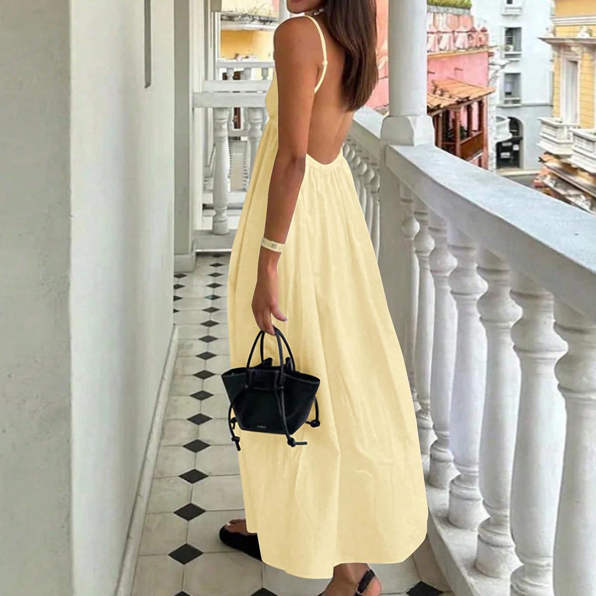 Summer 2025 Sexy V-Neck Backless Beach Dress: Spaghetti Strap, Sweet & Spicy Long Outfit Extra Large