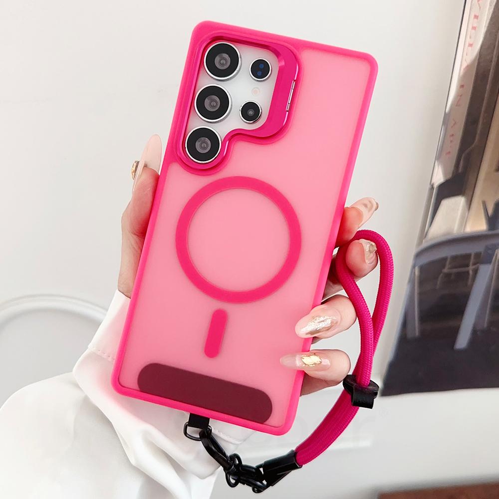 

Wrist Strap Lanyard Lens Stand Holder Matte Magnetic Case For Samsung S24 FE S25 Ultra S23 Plus Shockproof Hard Bumper Cover Case & Strap&Galaxy S24 Ultra