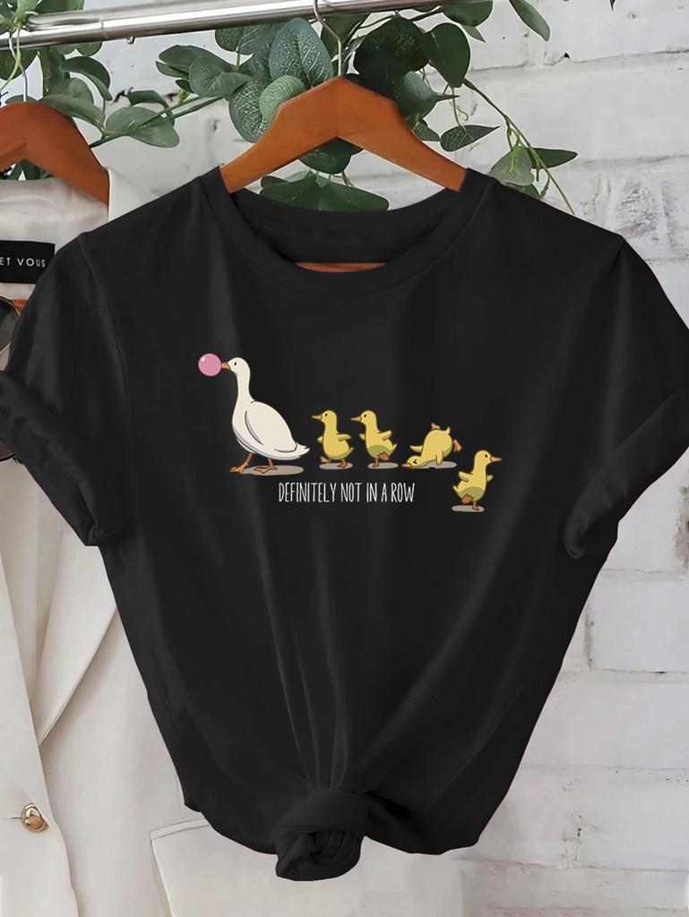 Ladies' Cute Duck Arrangement Printed Pattern T-shirt Casual Round Neck Short Sleeve Top Casual Summer Women's Clothing