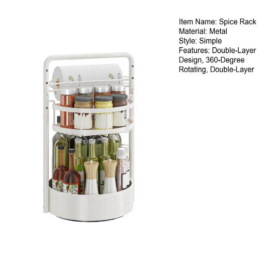 Suporte Rotativo de Especiarias com Porta-Papel Toalha Embutido Organizador de Camada Dupla Ajustável em Altura 360 Graus Rack de Armazenamento de Cozinha de Metal