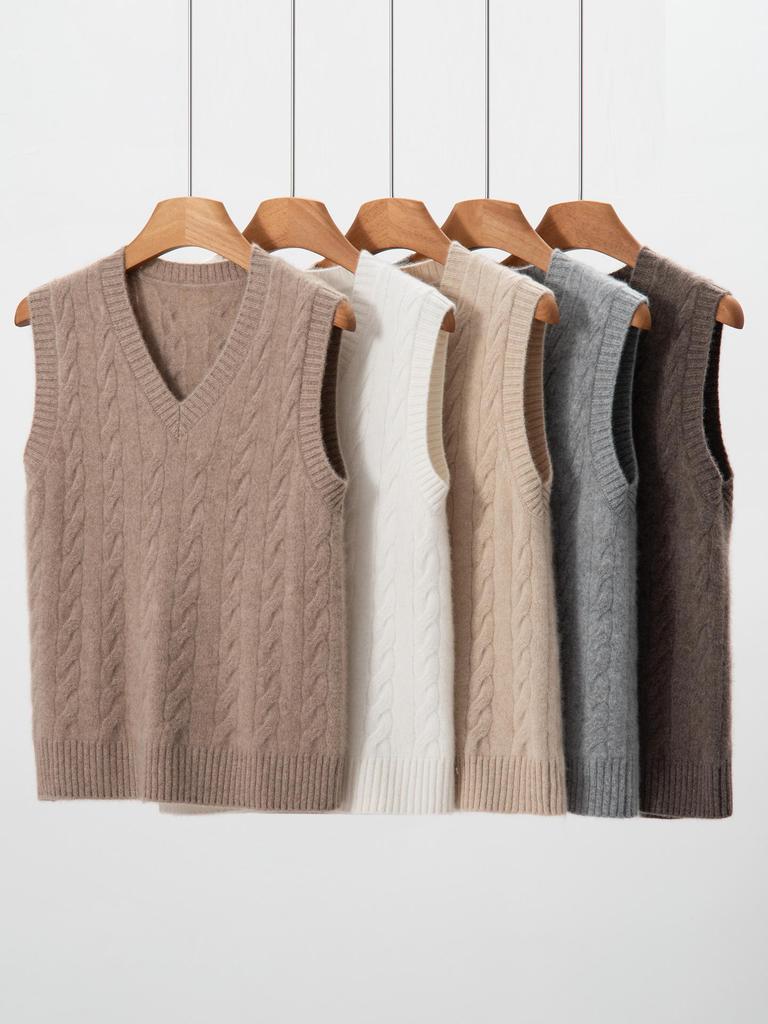 Women's 100% Pure Cashmere V-neck Cable Knit Vest for Autumn/Winter