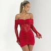 Y25DS444 Mini sukienka bodycon z koronkowym patchworkiem na jedno ramię na jesień/zimę