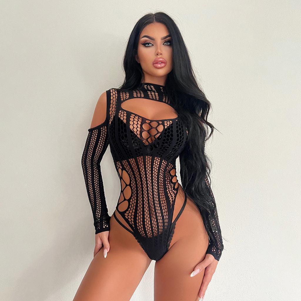 Women Mesh Lingerie Bodysuit Long Sleeve Hollow Out Fishnet See‑through Jumpsuit Sexy Exotic Clubwear Nightwear Intimate Outfit