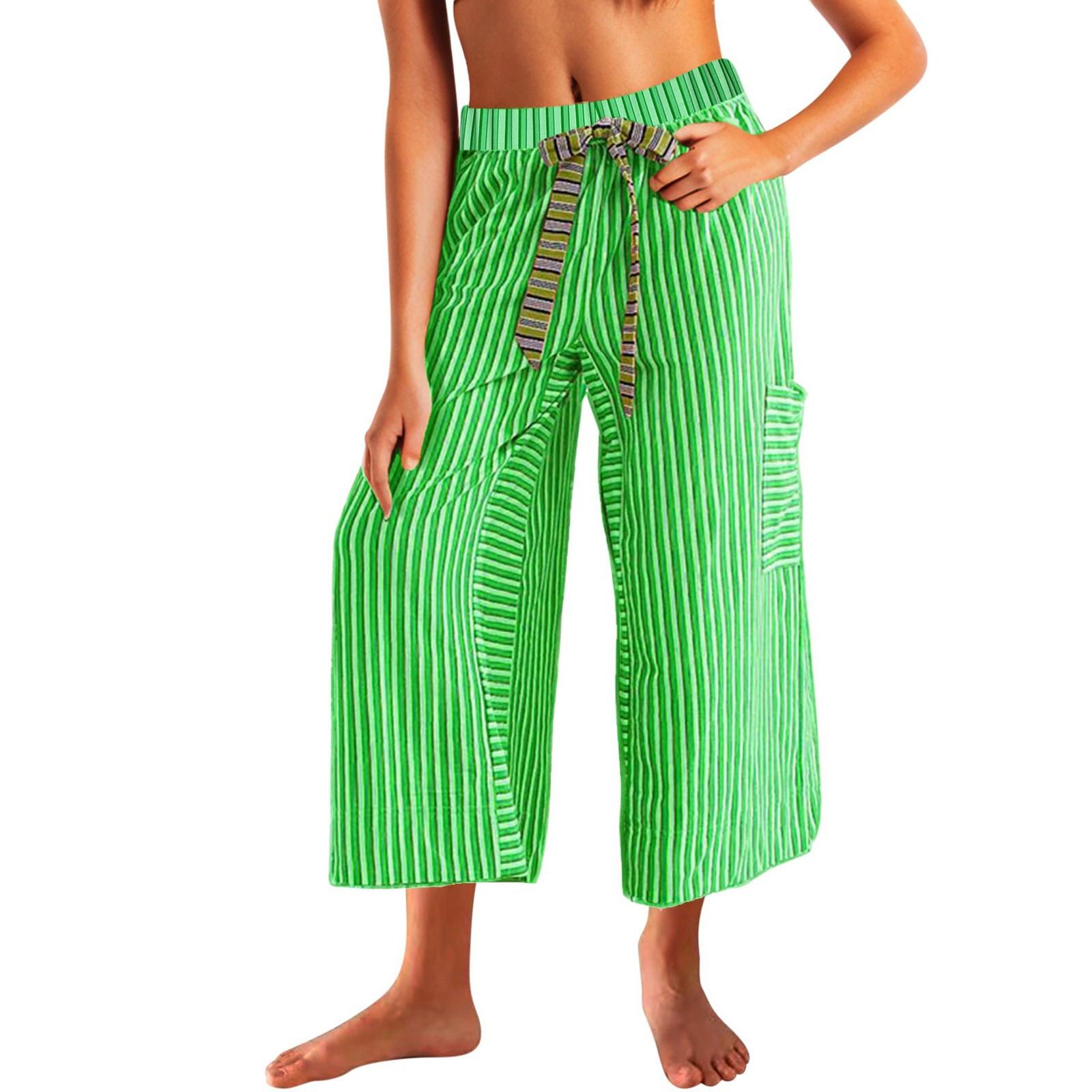 

Женские широкие брюки с карманами, легкие свободные укороченные брюки с высокой талией и завязкой на ремне зелёный