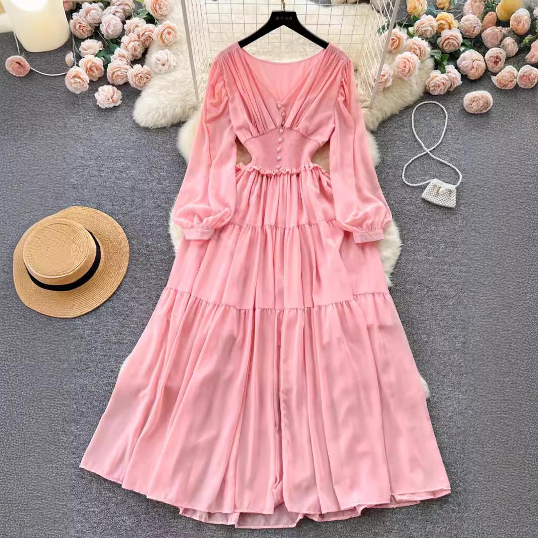 

Винтажное шифоновое длинное платье Женское элегантное повседневное платье с V-образным вырезом и длинными рукавами Французское плиссированное тонкое длинное платье А-силуэта Vestidos One Size розовый