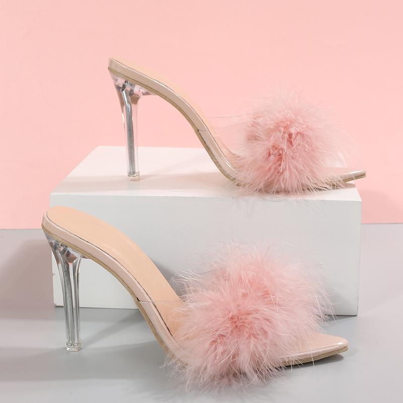 Summer new large size fluff fashion fish mouth sandals sexy stiletto high heels women's transparent one-word slippers